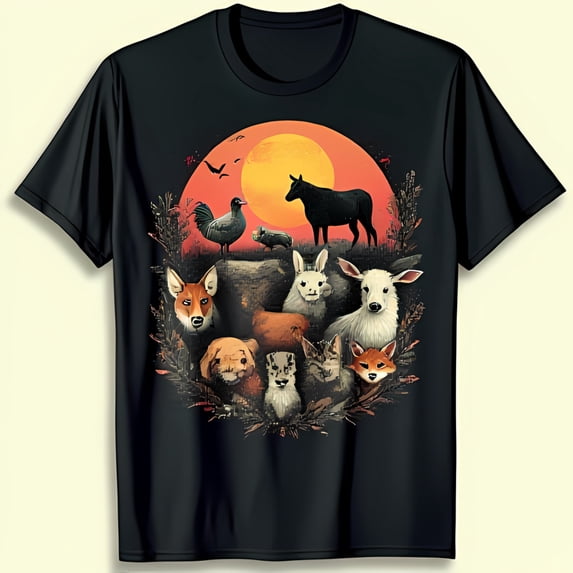 Colorful Animal Illustration Black T-Shirt Fox Deer Rabbit & More