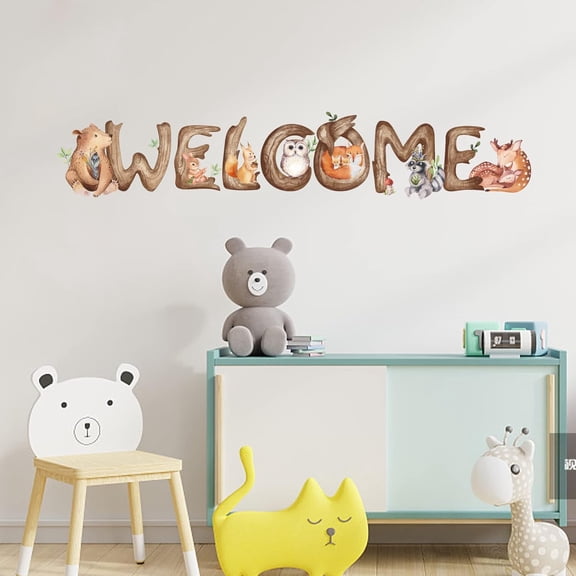 Colorful Animal Welcome Wall Decals Elk Fox Owl Wall Sticker Woodland Name Wall Decor Vinyl Wall Art Decal for DIY