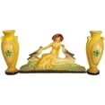 thumbnail image 1 of Colorful Antique Art Deco Chalkware Sculpture of Lady with Birds & Pair of Vases, 1 of 4