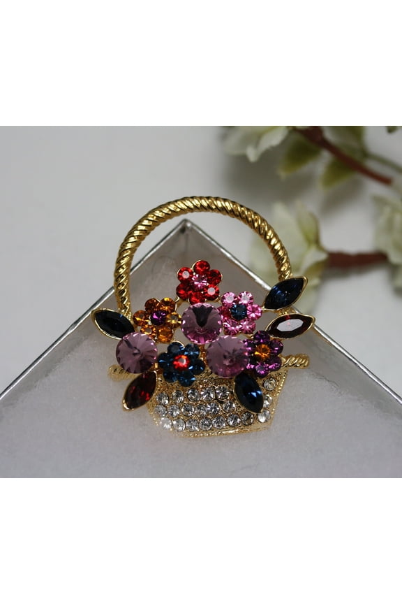 Colorful Antique Flower Basket Brooch Pin Artificial Crystal Rhinestone Vintage Flower Diamond Brooch, Easter Flower Basket Pin Jewelry