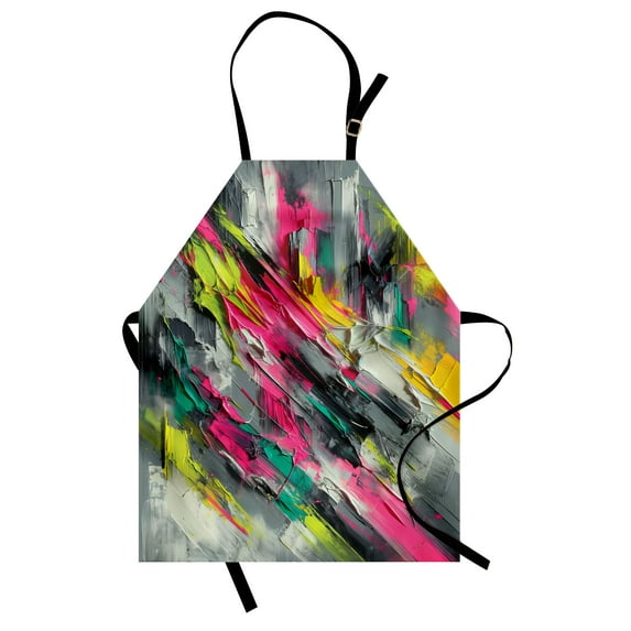 Colorful Apron, Futurist Painting Theme Abstract Brush Strokes Modern Grunge Details, Unisex Kitchen Bib with Adjustable Neck for Cooking Gardening, Adult Size, Hot Pink Lime Green Teal, by Ambesonne