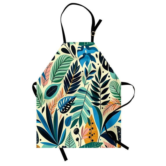 Colorful Apron, Modern Scandi Pattern of Exotic Leaves on Creamy Back Autumnal Feel, Unisex Kitchen Bib with Adjustable Neck for Cooking Gardening, Adult Size, Mint Green Sea Blue Beige, by Ambesonne