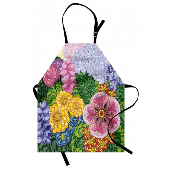 Colorful Apron Nature Flower Petals Florets Vintage Romantic Buds Summer Blooms Feminine Design, Unisex Kitchen Bib Apron with Adjustable Neck for Cooking Baking Gardening, Lilac Green, by Ambesonne