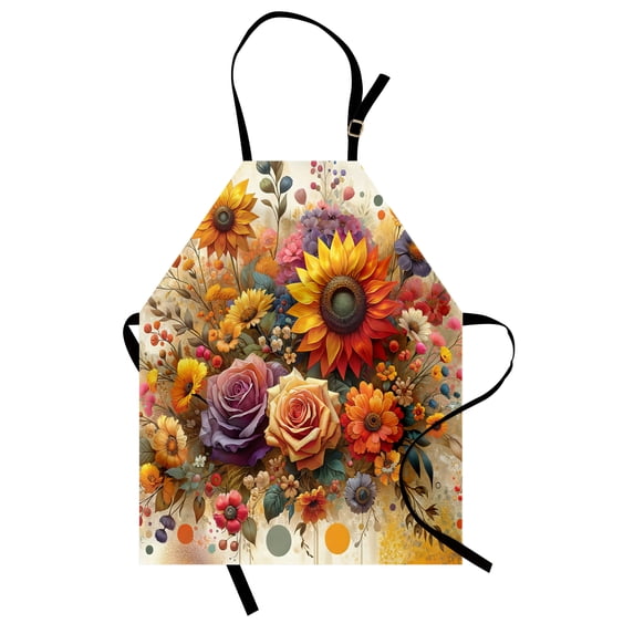 Colorful Apron, Spring Happiness of Farmhouse Concept Art Sunflower and Rose Huddles, Unisex Kitchen Bib with Adjustable Neck for Cooking Gardening, Adult Size, Orange Indigo Pale Green, by Ambesonne