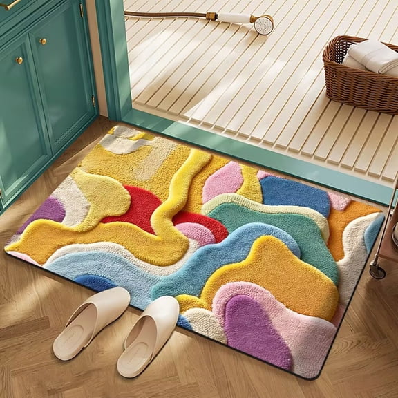 Colorful Area Rug, 3D Optical lllusion Rug, Modern Bath Rug Abstract Style, Bathroom Rugs Non Slip, Absorbent Doormat for Living Room, Bathroom, Kitchen, Entryway 17.7 x 27.5 Inch, #R