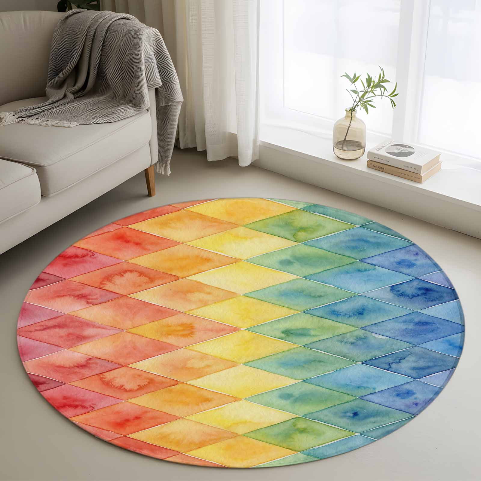 Colorful Argyle Geometric Round Living Room Rugs 3.3 ft, Watercolor ...