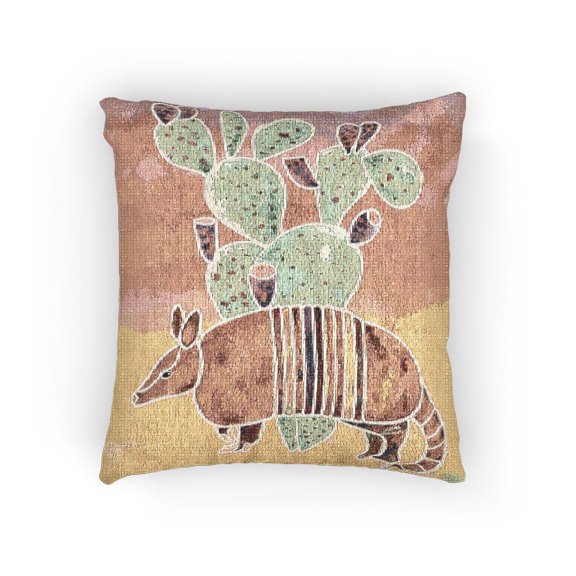 Colorful Armadillo and Prickly Pear Cactus Woven Pillow, Pink, Green and Orange-Brown Desert Theme