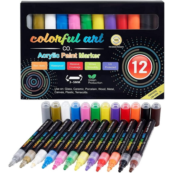 Colorful Art Co. Acrylic Paint Pens, Permanent, Waterproof Pen 12 Pack with Reversible 3-5mm Brush Tips