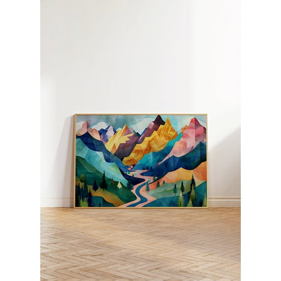 Colorful Art Deco Mountains Wall Art, Maximalist Landscape Print, Vibrant Alps Decor, Valley River Illustration Poster, Scenery Wall Art, Modern Wall Decor, 8x12 UNFRAMED