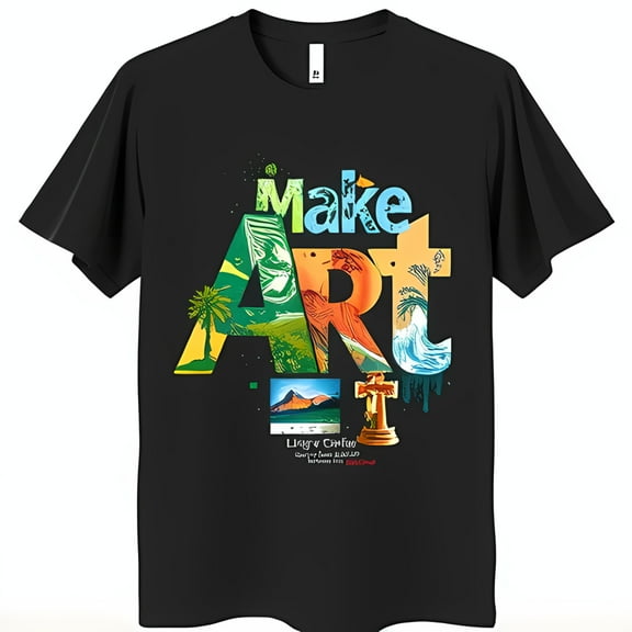 Colorful ' Art' Graphic Black T-Shirt with Nature Inspired Collage Design