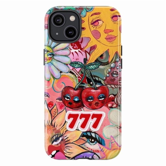Colorful Art Phone Case, Psychedelic Cherry and Sun Design, Funky Artistic iPhone Cover for iPhone 17 16 15 14 13 12 11 Pro Plus Mini