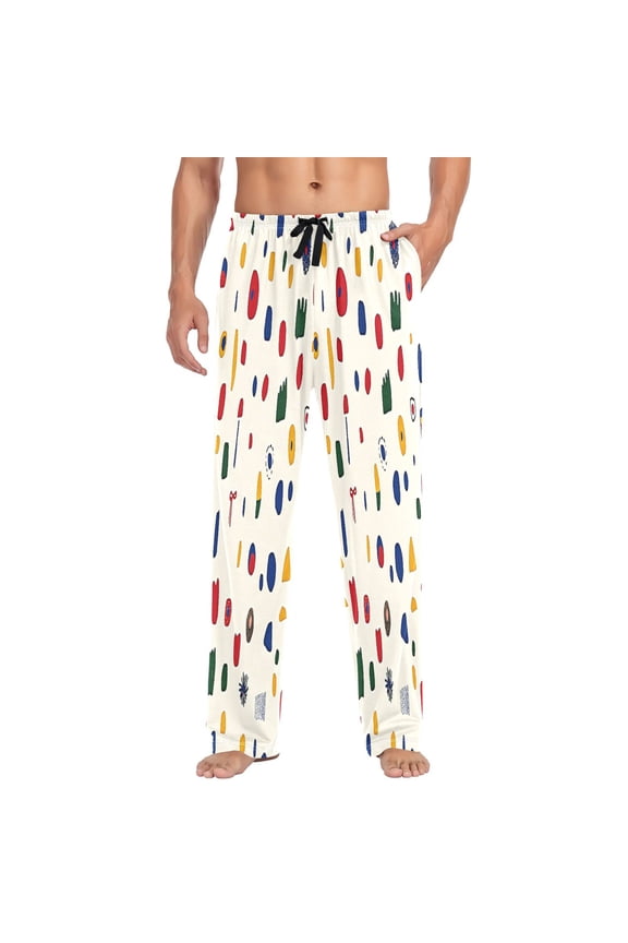 Colorful Art Shapes Pattern Mens Cotton Pajama Pants Long Staple Lightweight Sleep Bottoms with Pockets Breathable