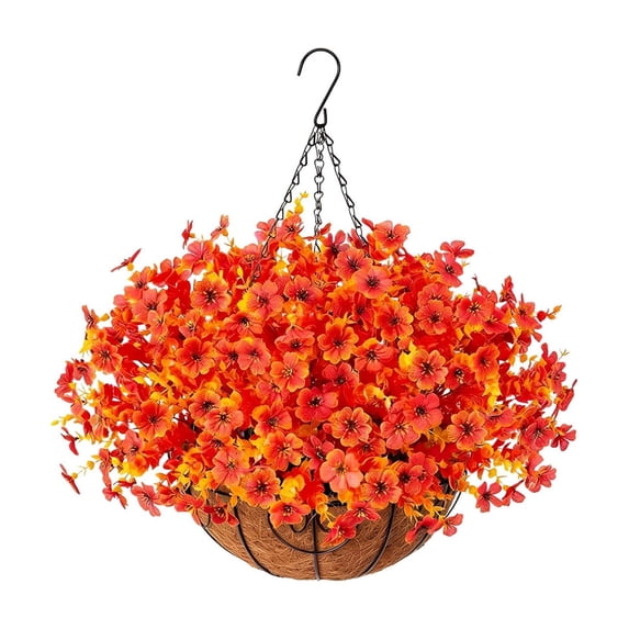 Colorful Artificial Flower Hanging Basket with Iron Frame & Coconut Palm Liner, Pastoral Style Decorative Fake Flower Basket for Patio, Balcony & Outdoor Decor