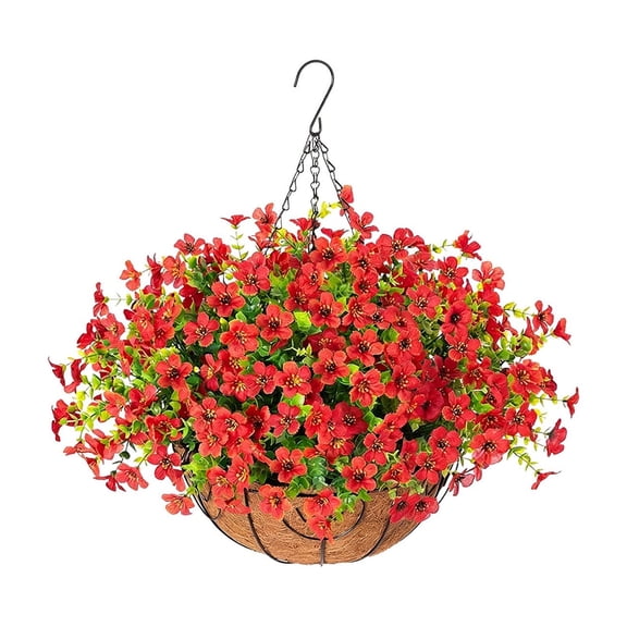 Colorful Artificial Flower Hanging Basket with Iron Frame & Coconut Palm Liner, Pastoral Style Decorative Fake Flower Basket for Patio, Balcony & Outdoor Decor