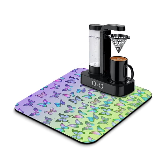 Colorful Artistic Coffee Maker Mat Butterfly & Tropical Flowers Absorbent & Non-Slip Kitchen Mat