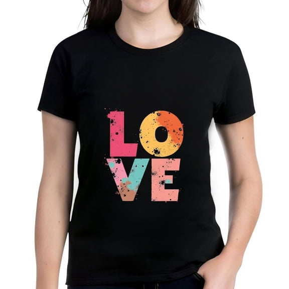 Colorful Artistic LOVE Print Cotton Short Sleeve T-Shirt for Women - Texture in Pink Orange and Green