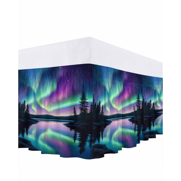 Colorful Aurora Bed Skirt Queen Size 16" Drop Starry Sky Lake Nature Forest Modern Art Ruffled Wrap Around Bed Skirts Adjustable Elastic Bedskirt Dust Ruffle for Queen Size Bed
