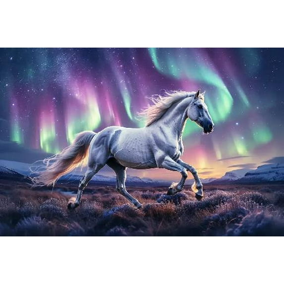 Colorful Aurora Borealis White Horse Jigsaw Puzzle 300 Pieces Animal Wooden Puzzle DIY Wall Art Intellectual Decompressing Educational Fun Game for Adults Teens