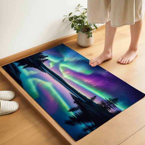 Colorful Aurora Door Mat 16x24 Inch Starry Sky Lake Nature Forest Modern Art Entryway Rug with Non-Slip Rubber, Inside Floor Mats Front Door Rug for Living Room Bathroom Bedroom Home Office
