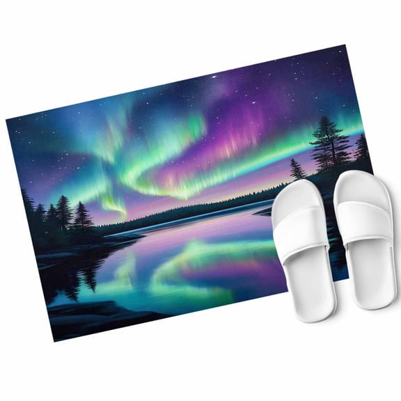 Colorful Aurora Door Mat Starry Sky Lake Nature Forest Modern Art Non Slip Absorbent Entrance Mat Washable Low Profile Indoor Doormat for Front Door Entryway Entry 16"x24"