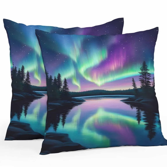 Colorful Aurora Outdoor Pillow Covers Pack of 2 Starry Sky Lake Nature Forest Modern Art Waterproof Throw Pillow Covers Decorative Cushion Cases for Patio Garden Tent Balcony Couch 18x18 inch