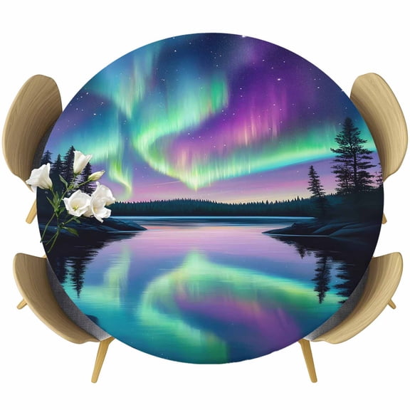 Colorful Aurora Round Fitted Table Cover Starry Sky Lake Nature Forest Modern Art Waterproof Table Cloth with Elastic Edge Wipeable Tablecloth for Picnic Camping Party Fits 36"-44" Diameter