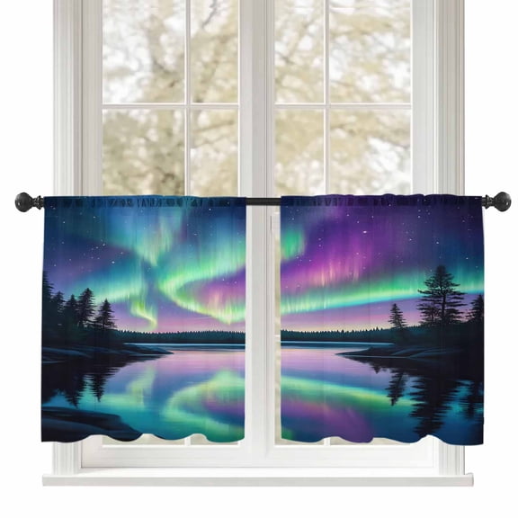 Colorful Aurora Sheer Curtains 45 inches Long 2 Panels Set Starry Sky Lake Nature Forest Modern Art Tiers Sheers Rod Pocket Small Window Short Curtains for Kitchen Cafe, Each 52" W x 45" L