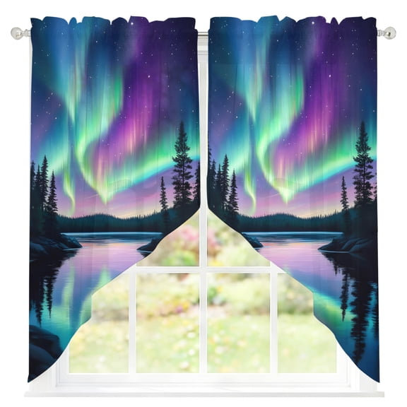 Colorful Aurora Sheer Curtains Swag Valances for Windows Starry Sky Lake Nature Forest Modern Art Rod Pocket Swag Curtain Small Window Curtain for Kitchen Living Room Bedroom, 1 Pair 28"W x 36"L