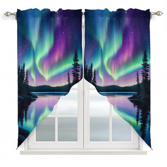 Colorful Aurora Swag Valances for Windows 36 inches Long, Starry Sky Lake Nature Forest Modern Art Swag Curtains Privacy Light Filtering Curtain Tiers for Kitchen Bathroom 28" W x 36" L, 2 Panels