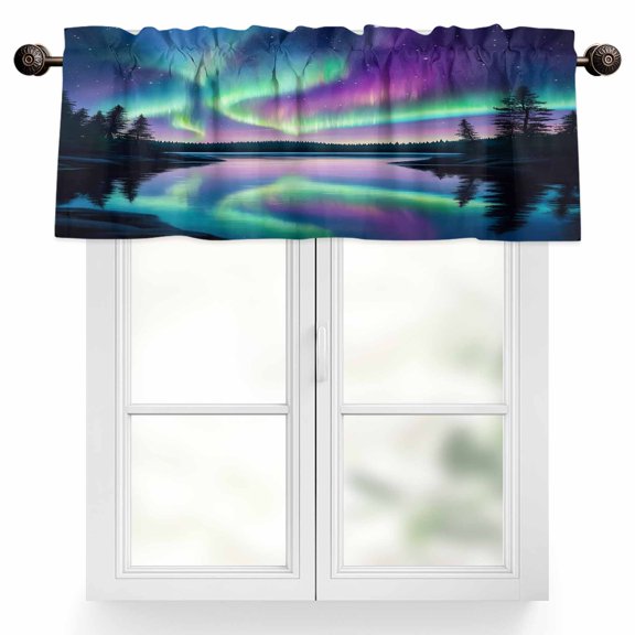 Colorful Aurora Valances for Windows, 54 x 18in, Starry Sky Lake Nature Forest Modern Art Rod Pocket Kitchen Valance Curtain Light Filtering Window Treatments for Living Room Bedroom, 1 Panel