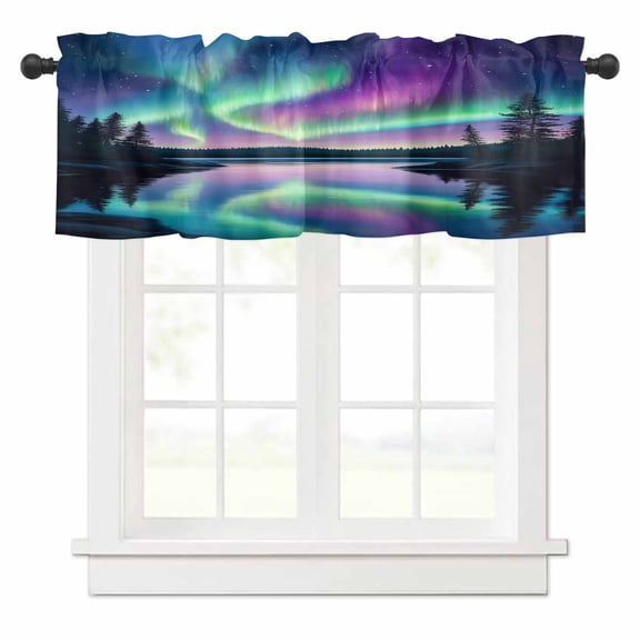 Colorful Aurora Valances for Windows Starry Sky Lake Nature Forest Modern Art Rod Pocket Curtain Valance Window Treatment Short Curtains for Kitchen Living Room, 58"x16"