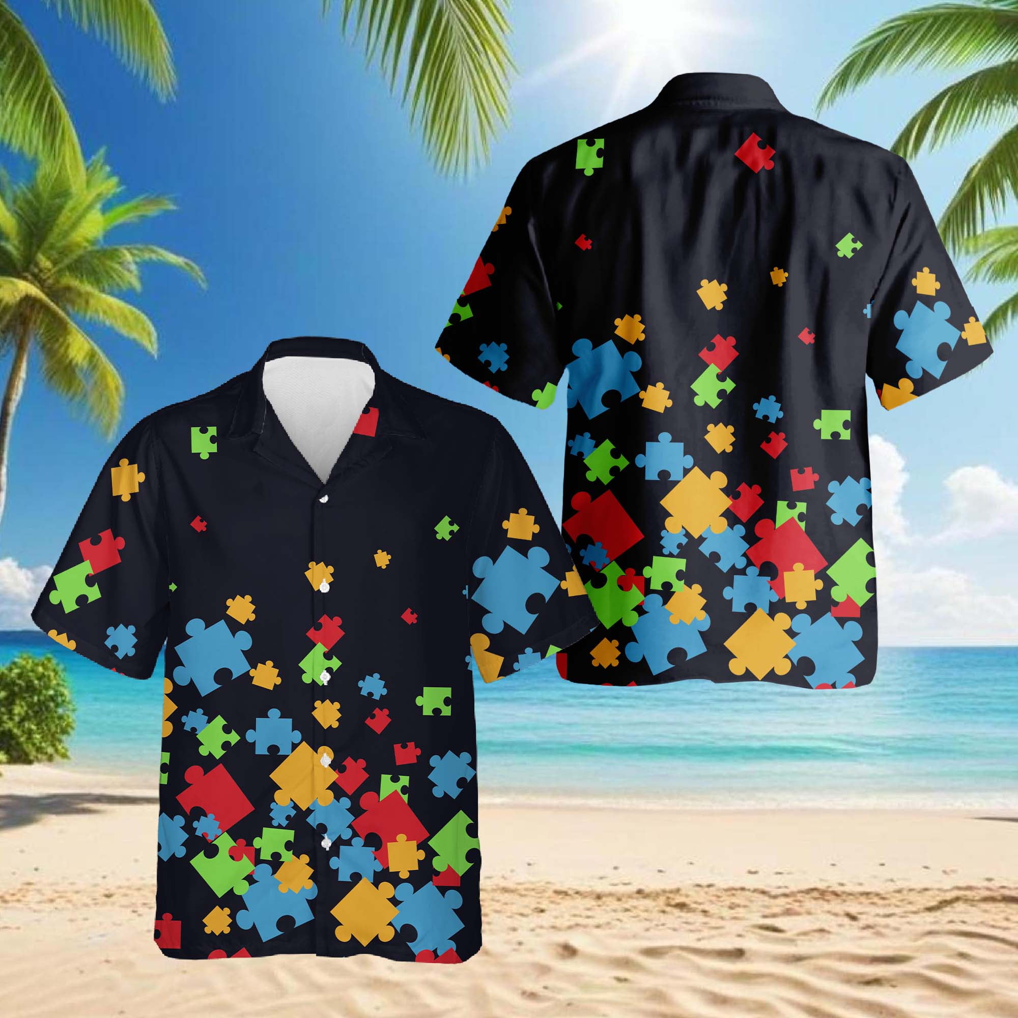 Colorful Autism Awareness Hawaiian Shirt for Men, Button Down Summer Beach Short Sleeve, S-5XL
