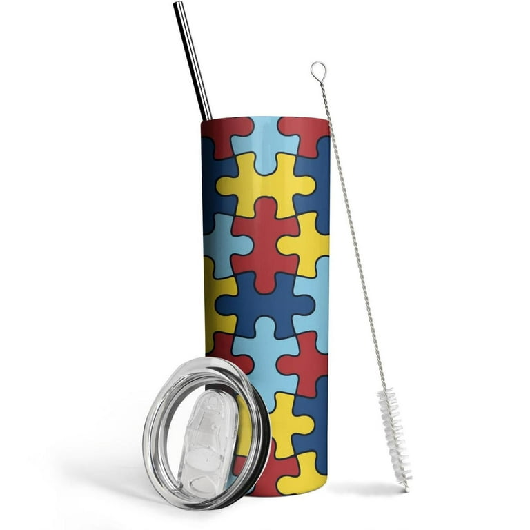 Colorful Autism Awareness Puzzle Piece Tumbler with Lid and Straw