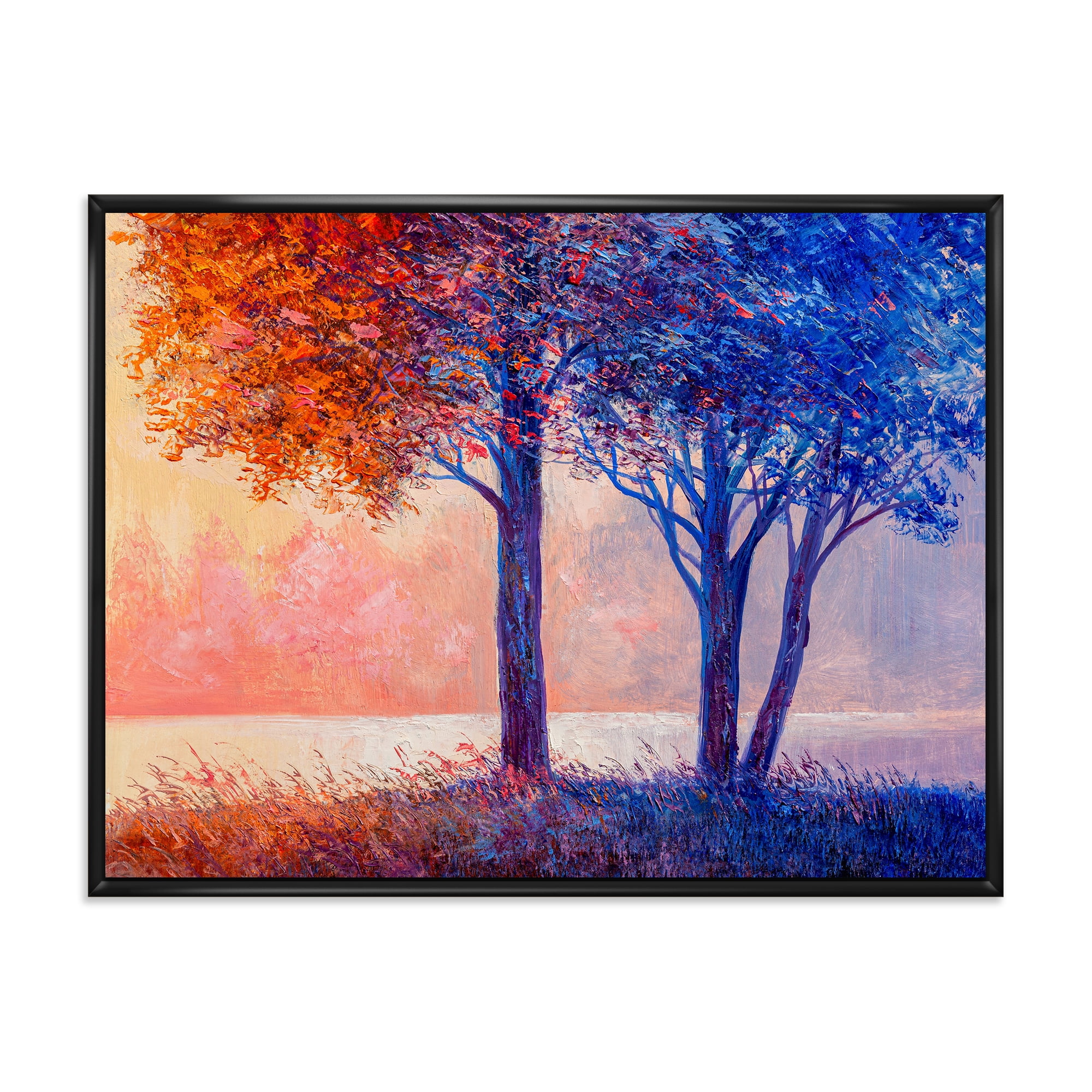Colorful Autumn Forest Trees Along Beautiful River 32 in x 24 in Framed Painting Canvas Art Print, by Designart