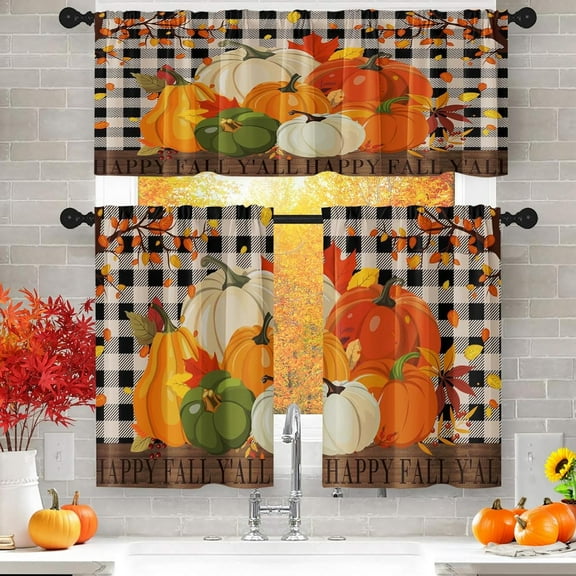 Colorful Autumn Leaves Kitchen Curtains with Valance and Tier Sets 36 Inch, 3 Pieces Tree Pumpkin Checker Rod Pocket Drapes Window Treatment Curtains for Kitchen Over Sink Dining Room Decor