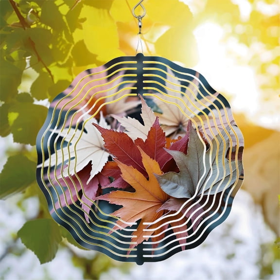 Colorful Autumn Leaves Metal Hanging Wind Spinner - Vibrant Circular Design with Wave Pattern for Yard and Garden Decor