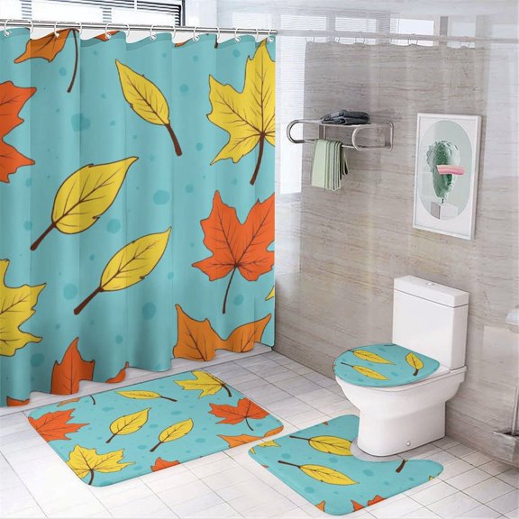 Colorful Autumn Leaves Pattern Shower Curtain Waterproof Bathroom Curtain Set with Hooks Home Decor Bathroom Curtains 4pcs