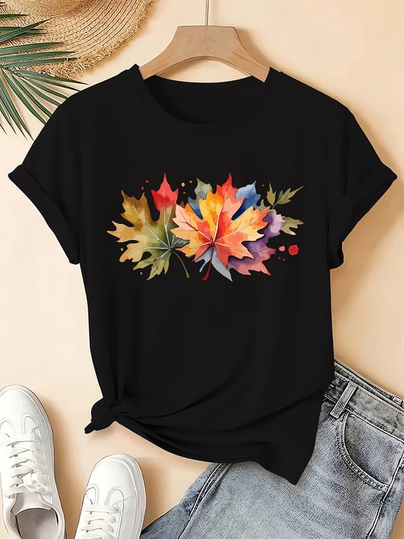 Colorful Autumn Maple Leaf Short Sleeve T-Shirt for Women, Watercolor Fall Leaves Casual Daily Graphic Top