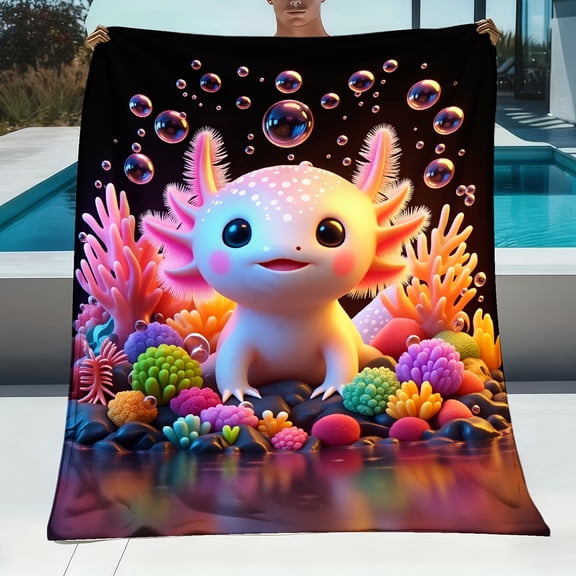 Colorful Axolotl Coral Bubbles Underwater Flannel Blanket, Soft Warm All-Season Throw for Sofa Bed Office Shawl Camping Travel, Ideal Birthday & Holiday Gift