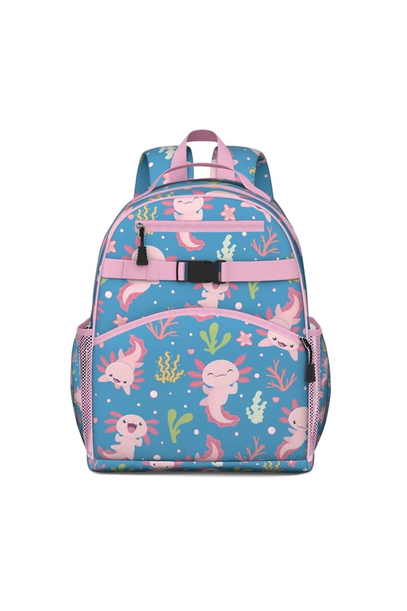 Colorful Axolotl Kawaii Cartoon Students Backpack, Adorable Funny Mythical Fantasy Creature Design for Gift Lovers