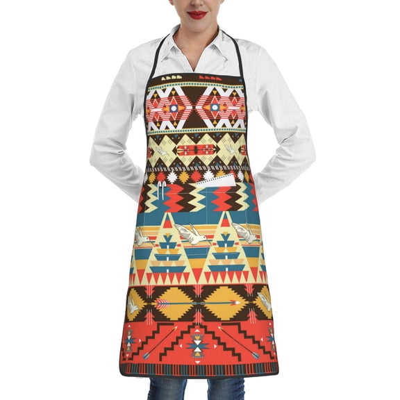 Colorful Aztec Pattern With Birds Flower Apron with Pocket Cooking Waterproof Bib Aprons for Kitchen Baking Chef Gardening BBQ