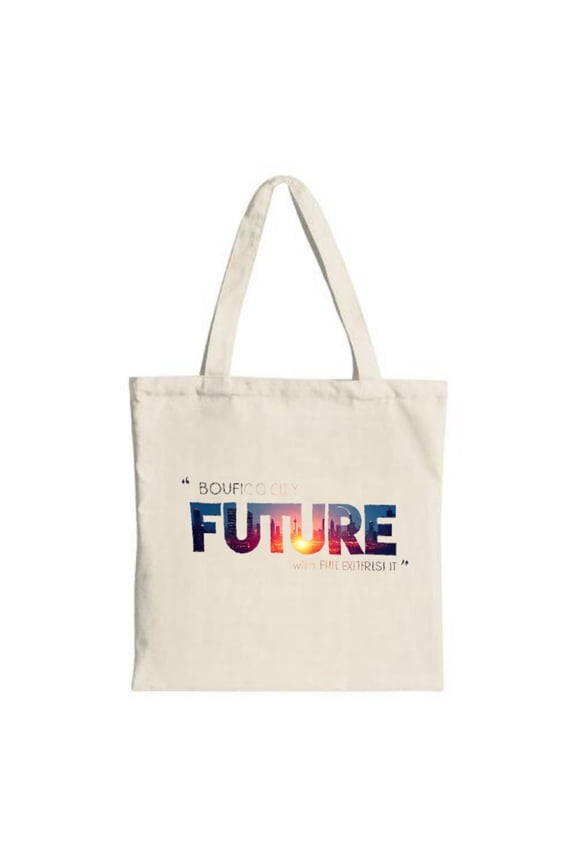 Colorful " BOURGOU FUTURE " tote bag with sunset gradient featuring " WELCOME TO THE EXTRAIRIE " quote Perfect for shopping and travel