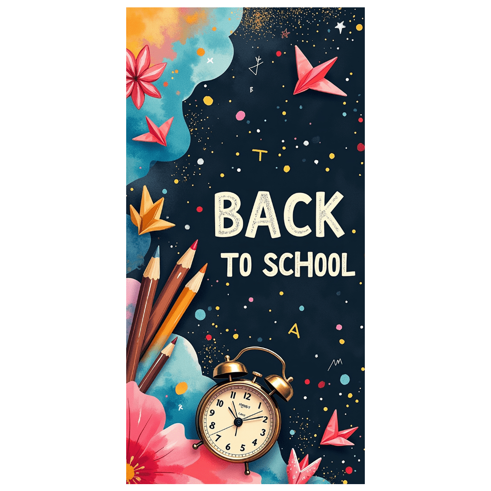Colorful Back to School Themed Banner with Alarm Clock Pencils Compass ...