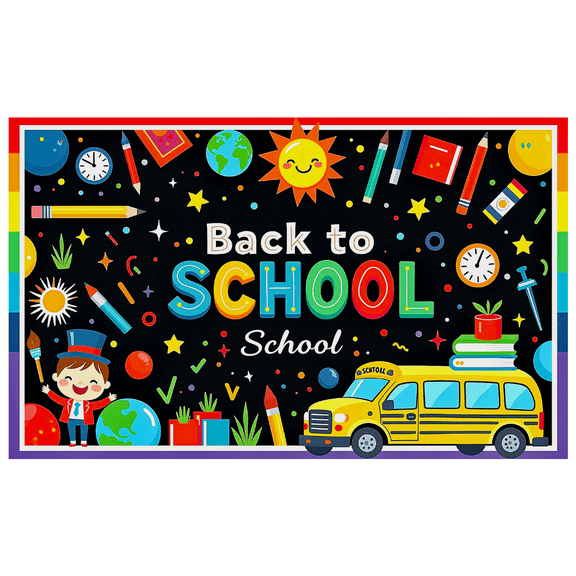 Colorful Back to School Themed Banner with School Supplies Elements Sun Star Kid Bus Decorations Backdrop for School Opening Party Classroom Decor Photo Booth Background