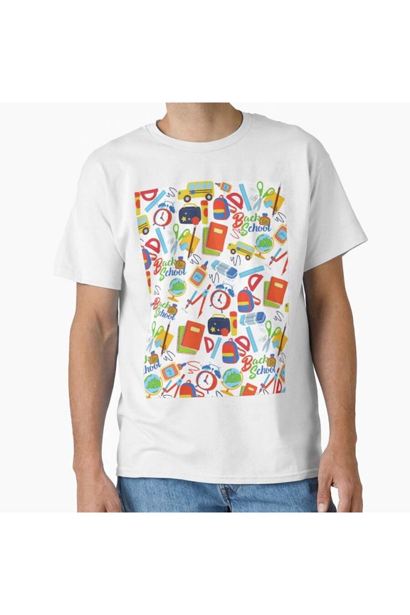 Colorful Back To School Pattern With Books Supplies Classroom Icons T-Shirt