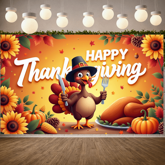 Colorful Background Happy Thanksgiving Banner Decorative Turkey Autumn Harvest Festival for Indoor Decoration Holiday Celebration Event Party