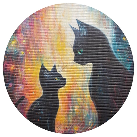 Colorful Background Two Black Cats PVC Round Grid Placemat Table Mat 1 Pc 15.4" x 15.4"