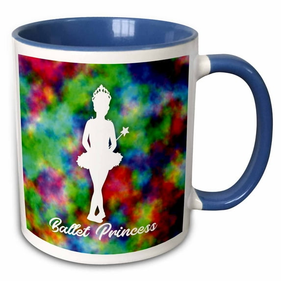 3drose, Colorful Ballet Princess Design in White Over Rainbow Backgound, 15oz Two-tone Blue Mug