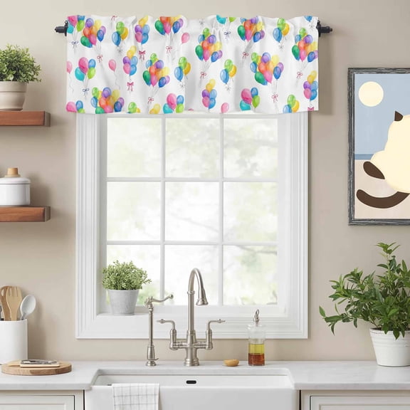Colorful Balloon Cartoon Bow Valances for Windows,Kitchen Valance Rod Pocket Short Curtain, Watercolor Balloon Valance Curtain Window Valances for Bedroom Bathroom Living Room 54x18in