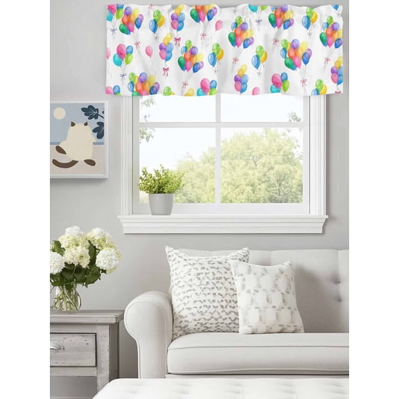 Colorful Balloon Cartoon Bow Valances for Windows,Kitchen Valance Rod Pocket Short Curtain, Watercolor Balloon Valance Curtain Window Valances for Bedroom Bathroom Living Room 60x18in